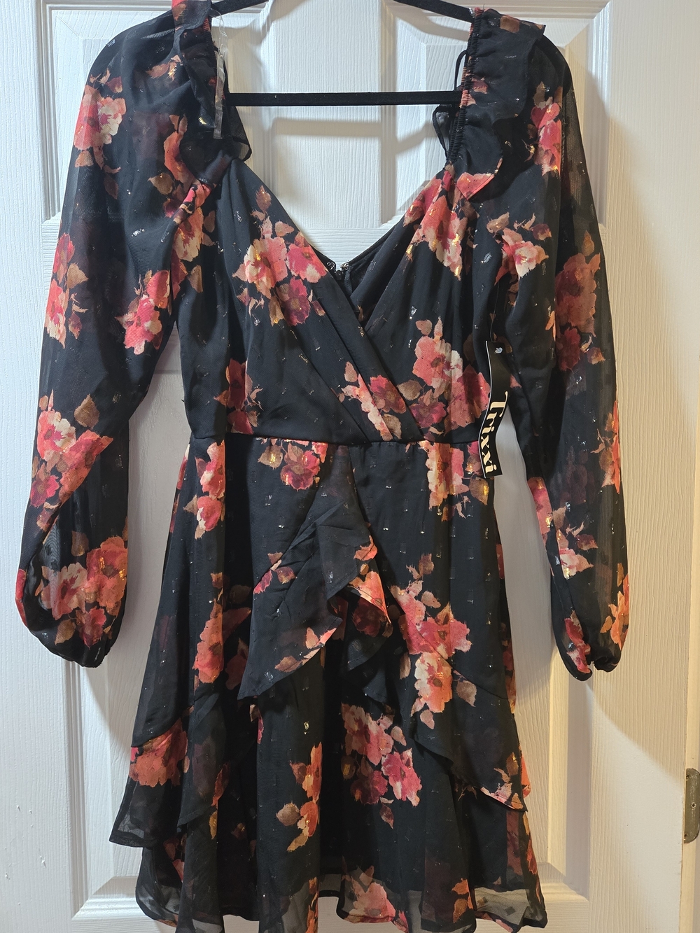 Trixxi Black Floral Long Sleeve Wrap Dress with Pink & Coral Blooms